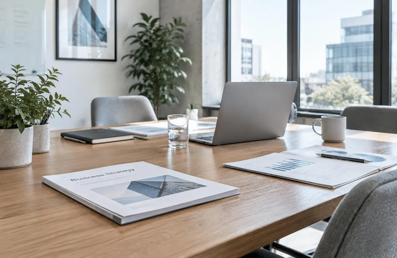 A bright meeting room with a laptop, reports and plants on an oak table