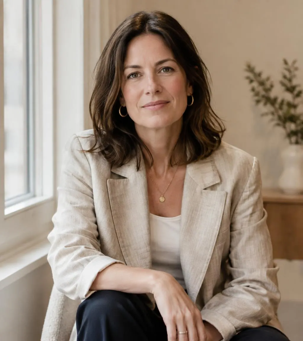 Portrait of a smiling consultant in a linen blazer seated by a window