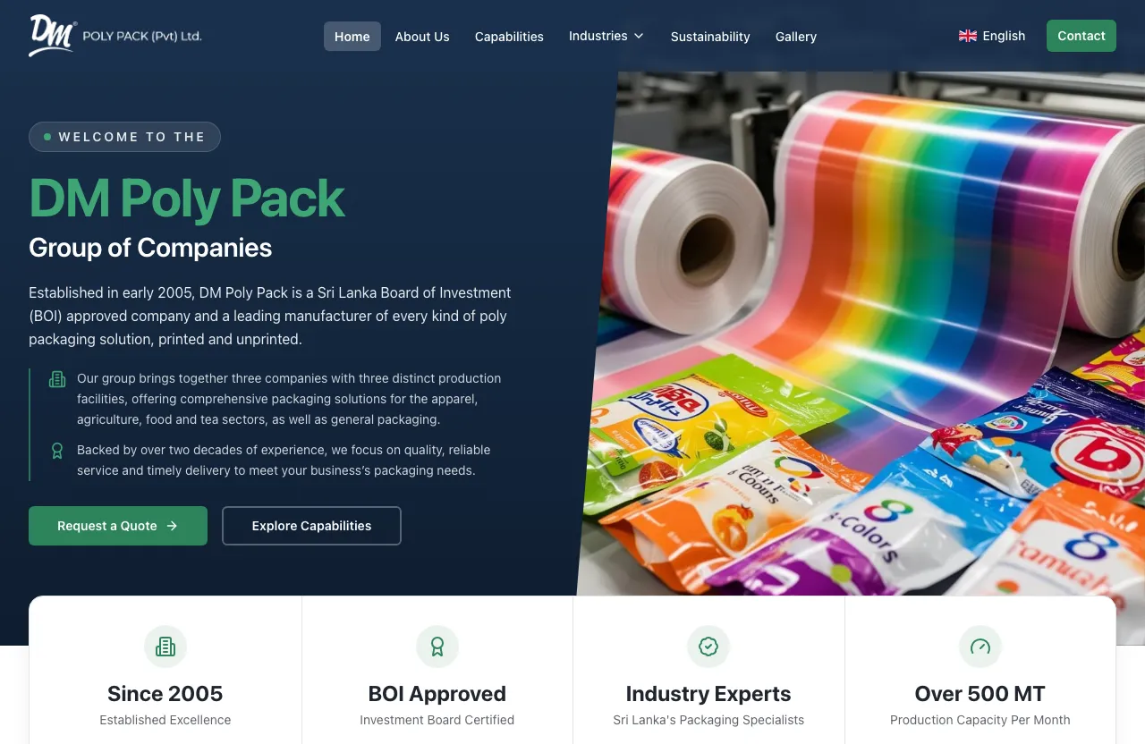 DM Poly Pack home page: the company name beside a photo of printed packaging rolls and pouches.