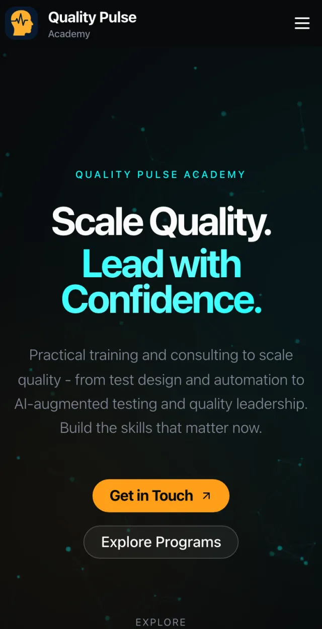 Quality Pulse Academy home page: a dark screen with the headline Scale Quality. Lead with Confidence.